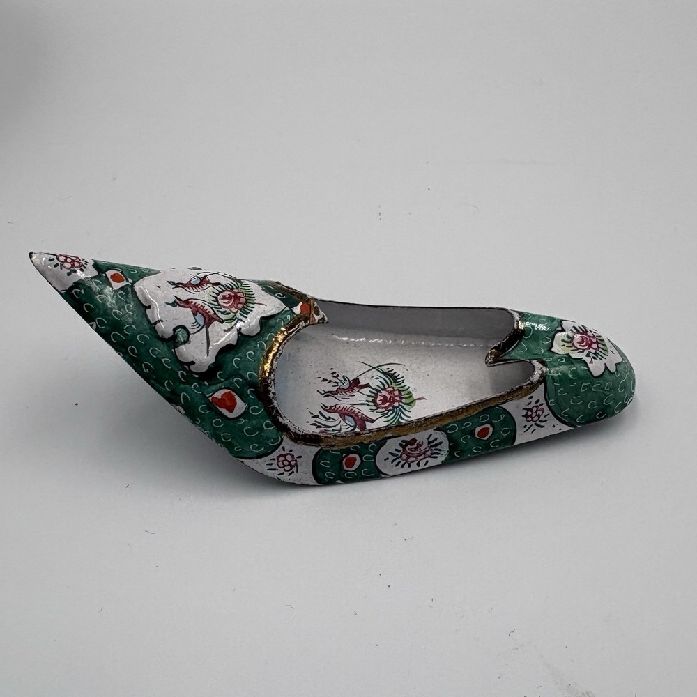 Antique Minakari Persian Enamel on Copper Art Paint Shoe ashtray Rare Green